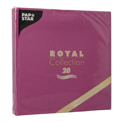 Un pachet sigilat de 20 de șervețele magenta PAPSTAR GmbH "ROYAL Collection", 1/4-pliere, 40x40 cm, cu inscripție aurie și o mică etichetă bej diagonală în colțul din dreapta jos.