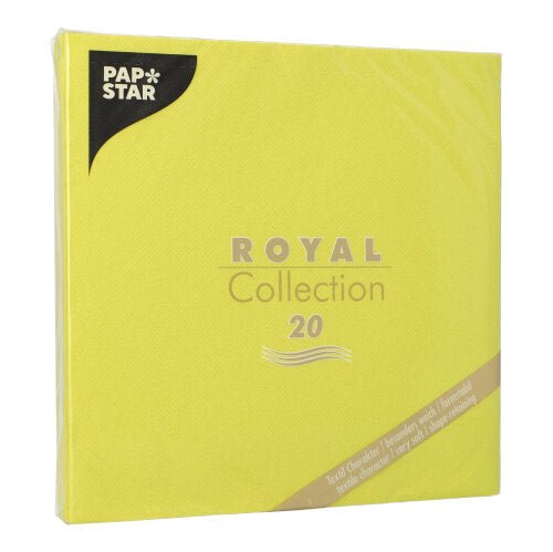 Un pachet de 20 de șervețele galbene PAPSTAR "ROYAL Collection" (1/4-pliere, 40x40 cm) din material certificat FSC într-un ambalaj din plastic cu scris elegant auriu-argintiu. Marcă: PAPSTAR GmbH.