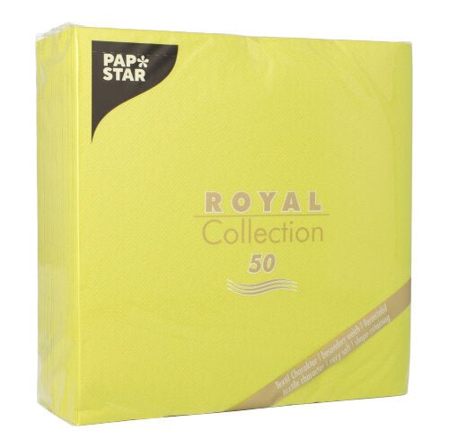 O ambalare verde de la PAPSTAR 50 șervețele "ROYAL Collection" 1/4-pliate, 40 x 40 cm de la PAPSTAR GmbH. Ambalajul este prevăzut cu scris auriu și alb și un mic logo maro Papstar în colțul din stânga sus.