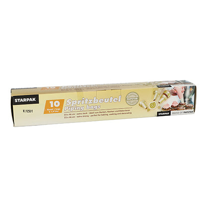 Setul Starpak 10 de pungi de patiserie conține zece pungi transparente de patiserie (1,8 l, 46 x 23 cm) cu trei duze într-o cutie pliabilă. Ideal pentru prăjituri, decorațiuni de copt sau bucătărie. Ambalajul conține texte în germană și engleză, precum și imagini ale produsului.