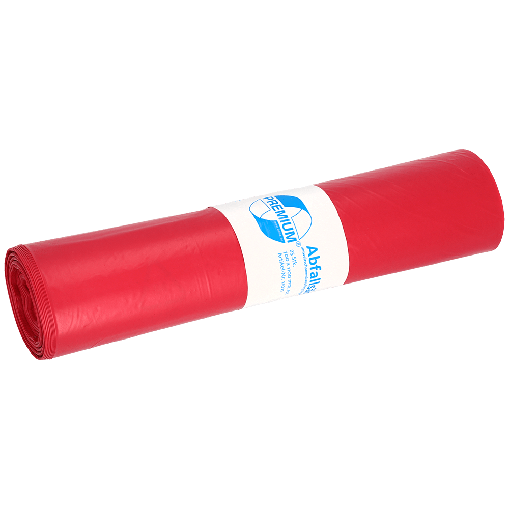 În imagine este un rolă EMIL DEISS KG (GmbH + Co.) DEISS 11021 - 700x1100 mm Tip 60 saci de gunoi roșii (25 bucăți) cu etichetă alb-albastră pe un fundal alb simplu.