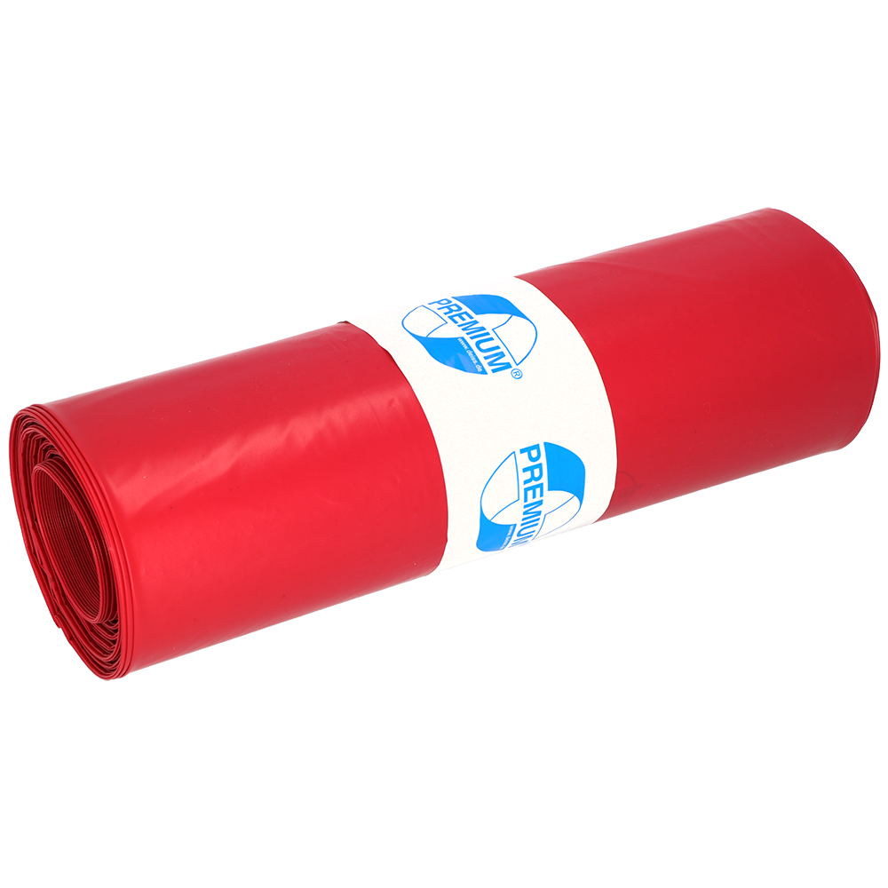 Ein eng gerolltes Bündel DEISS 11102 Müllsäcke 700x1100 mm Typ 100 rot (25 Stück) der EMIL DEISS KG, gesichert mit einem weißen Etikett mit blauer "PREMIUM"-Grafik auf hellem Grund - ideal für eine effiziente Abfallentsorgung.
