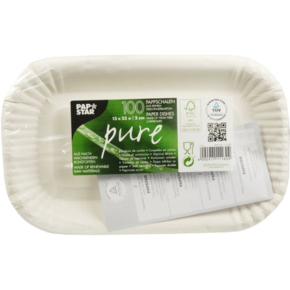 Tăvile dreptunghiulare albe din carton „pure“ (15 x 23 x 1,2 cm) de la PAPSTAR GmbH sunt fabricate din resurse regenerabile. Fiecare pachet conține 100 de tăvi de unică folosință ecologice pentru toate nevoile de gastronomie.