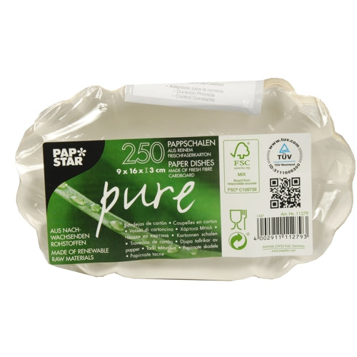 Eine Packung mit 250 PAPSTAR Schalen, Pappe "pure" oval weiß von PAPSTAR GmbH - aus Frischfaser-Karton und FSC-zertifiziertem, nachhaltigem Material, Maße 9 x 16 x 3 cm.