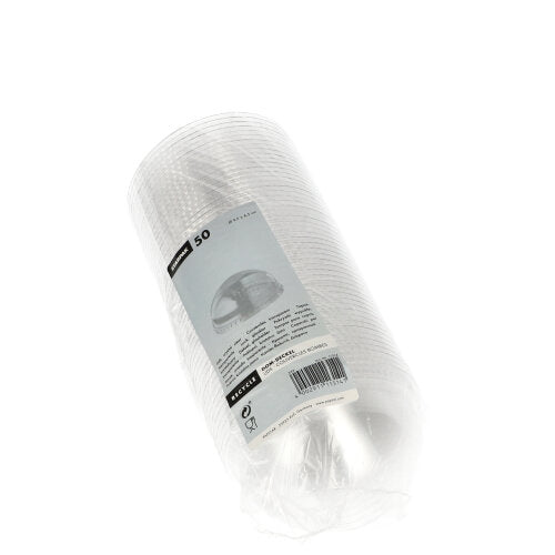 Un ambalaj sigilat din plastic conține 50 de capace rotunde, transparente Starpak „Hurricane” din PET (fără gaură), Ø 9,5 cm x 4,5 cm, cu o etichetă alb-gri cu detalii despre produs.