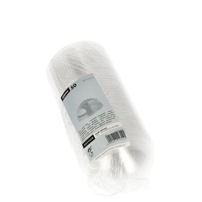 Un ambalaj sigilat din plastic conține 50 de capace rotunde, transparente Starpak „Hurricane” din PET (fără gaură), Ø 9,5 cm x 4,5 cm, cu o etichetă alb-gri cu detalii despre produs.