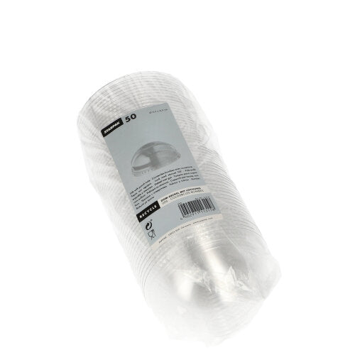 Un pachet cu 50 de capace dom Starpak „Hurricane” din PET (clar, rotund, Ø 9,5 cm, fără gaură) este livrat într-un ambalaj transparent cu o etichetă alb-gri pe care sunt afișate informații despre produs, cod de bare și marca Starpak pentru o închidere sigură.