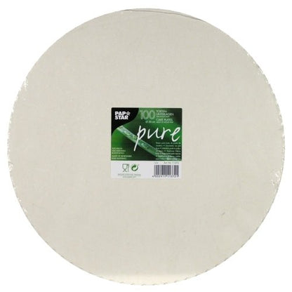 Un teanc de 100 de suporturi rotunde, albe PAPSTAR din carton „pure“, marcate de PAPSTAR GmbH, poartă o etichetă verde cu indicația cantității. Ambalajul este prevăzut cu simboluri de calitate pentru gastronomie și reciclare.
