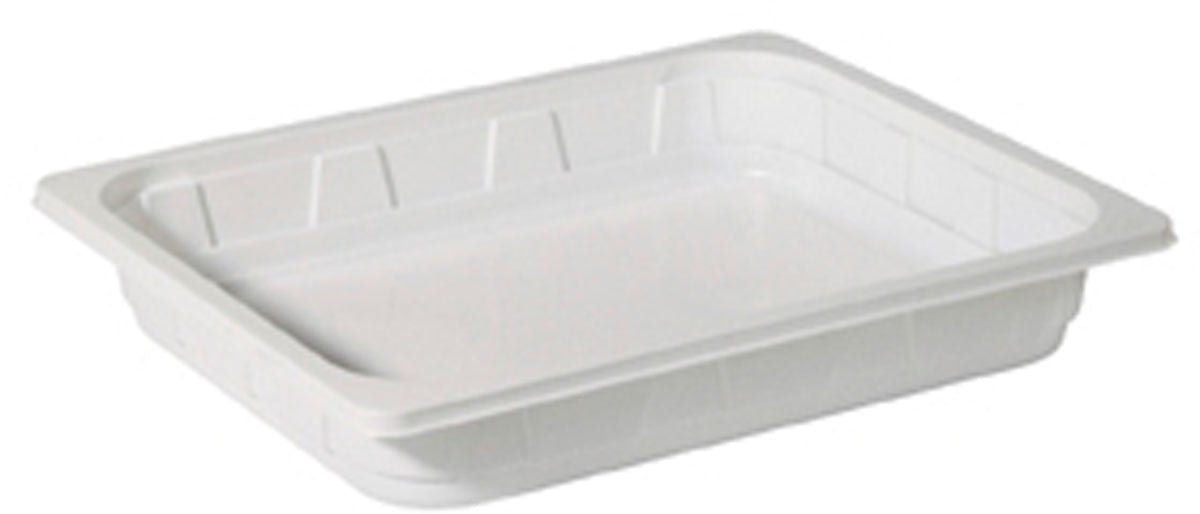 Duni GmbH PP Schale 1/2 GN Weiß PP 325x265 este o tavă albă, dreptunghiulară, plată, cu margini ușor ridicate, ideală pentru gastronomie și perfectă ca recipient 1/2 GN. Este prezentată pe un fundal alb simplu.