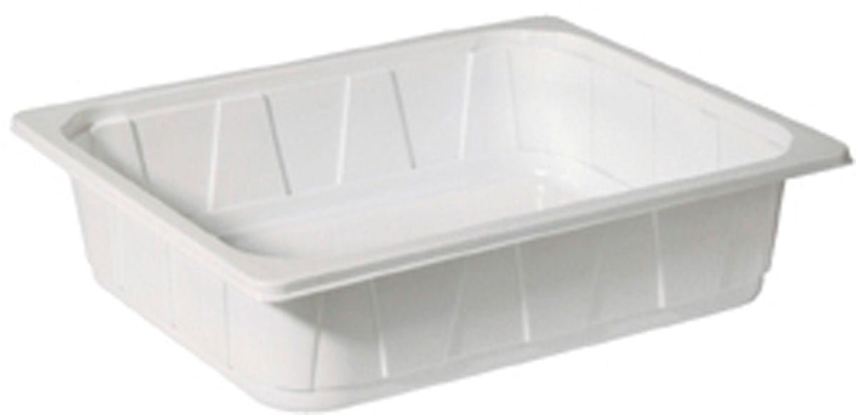 Duni GmbH PP Schale 1/2 GN Weiß PP 325x265 este un recipient alb, dreptunghiular, plat, cu laturi înclinate și margini ridicate - ideal pentru utilizarea versatilă în gastronomie ca un recipient 1/2 GN de încredere.