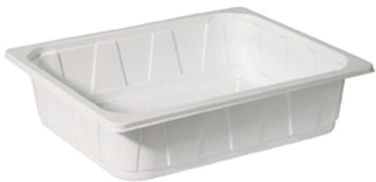 Duni GmbH PP Schale 1/2 GN Weiß PP 325x265 este un recipient alb, dreptunghiular, plat, cu laturi înclinate și margini ridicate - ideal pentru utilizarea versatilă în gastronomie ca un recipient 1/2 GN de încredere.