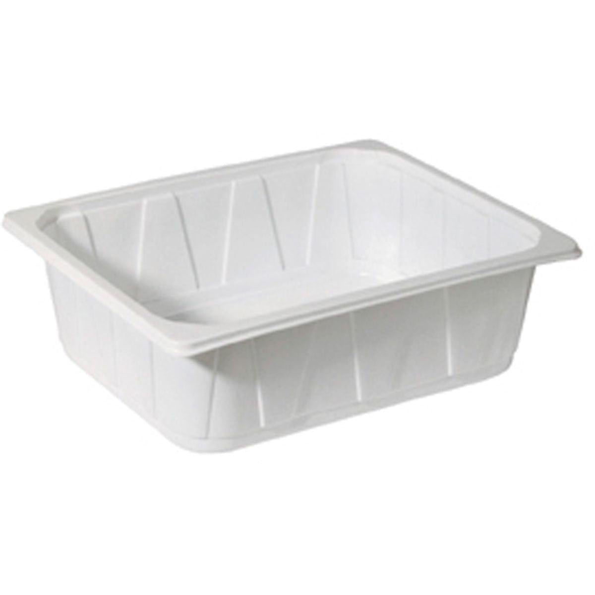 Duni GmbH PP Schale 1/2 GN Weiß PP 325x265 este un recipient alb, dreptunghiular, cu laturi ușor înclinate și margini largi, ideal pentru utilizarea în gastronomie, ilustrat pe un fundal alb simplu.