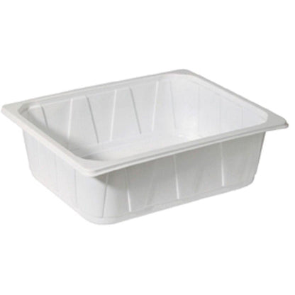 Duni GmbH PP Schale 1/2 GN Weiß PP 325x265 este un recipient alb, dreptunghiular, cu laturi ușor înclinate și margini largi, ideal pentru utilizarea în gastronomie, ilustrat pe un fundal alb simplu.