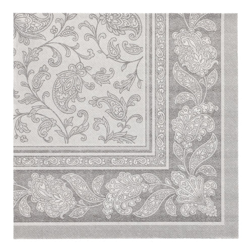 Șervețel pătrat din colecția ROYAL de la PAPSTAR GmbH, 40x40 cm, cu un model detaliat și simetric floral și paisley în gri deschis și alb și o bordură florală stilizată și repetitivă. Pachetul conține 20 de șervețele, pliate 1/4.