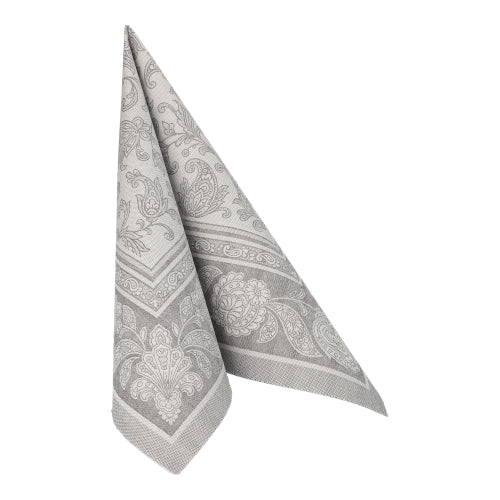 Un singur PAPSTAR 20 de șervețele „ROYAL Collection” 1/4-pliu (40x40 cm) gri de la PAPSTAR GmbH este pliat într-un triunghi și stă în picioare pe un fundal alb, ideal pentru o decorare elegantă a mesei.
