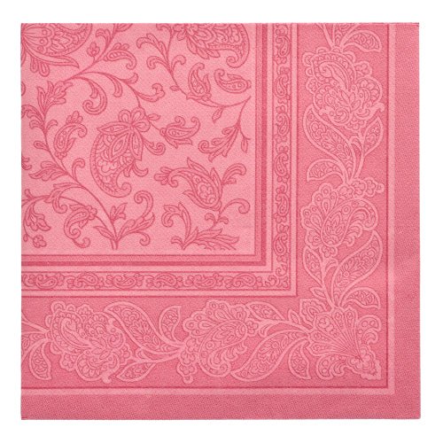Setul de 20 de șervețele PAPSTAR „ROYAL Collection” (pliere 1/4, 40x40 cm) de la PAPSTAR GmbH se prezintă într-un design roz în carouri cu o bordură reliefată paisley și florală - perfect pentru o decorare stilată a mesei în calitate premium.