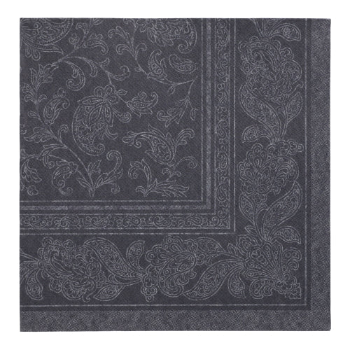 Setul de 20 de șervețele gri-închis PAPSTAR GmbH „ROYAL Collection” (40x40 cm, pliere 1/4) cu un model detaliat de margine paisley și floral, linii fine și o bordură discretă - realizat din material de înaltă calitate.