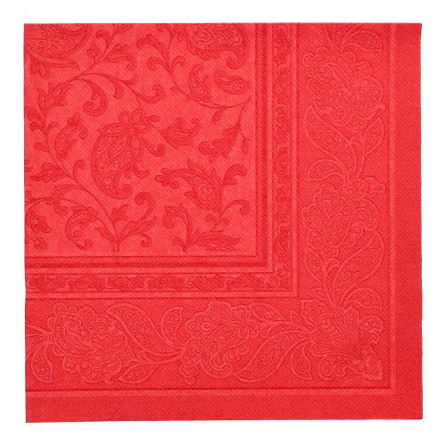 Setul de 20 de șervețele PAPSTAR GmbH „ROYAL Collection” cu pliere 1/4 (40 x 40 cm) sunt șervețele roșii pătrate din material textil premium cu un model reliefat floral și paisley, care îmbunătățesc elegant orice masă aranjată.