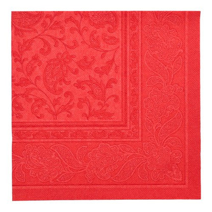 Setul de 20 de șervețele PAPSTAR GmbH „ROYAL Collection” cu pliere 1/4 (40 x 40 cm) sunt șervețele roșii pătrate din material textil premium cu un model reliefat floral și paisley, care îmbunătățesc elegant orice masă aranjată.