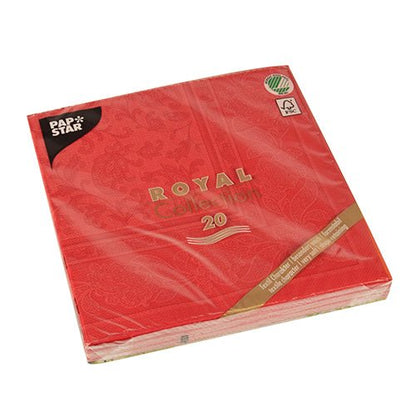 Un pachet roșu PAPSTAR de 20 de șervețele "ROYAL Collection" 1/4-pliere (40x40 cm) de la PAPSTAR GmbH, ambalat în plastic transparent cu logo-uri de certificare în colțul din dreapta sus și un logo negru în colțul din stânga sus.
