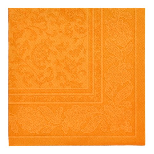Șervețelele „ROYAL Collection” cu pliere 1/4 40x40 cm de la PAPSTAR GmbH, 20 de șervețele portocalii, au o bordură reliefată cu flori și frunze și un design subtil în spirală în centru - ideal pentru o decorare elegantă a mesei.