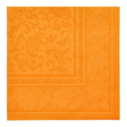 Șervețelele „ROYAL Collection” cu pliere 1/4 40x40 cm de la PAPSTAR GmbH, 20 de șervețele portocalii, au o bordură reliefată cu flori și frunze și un design subtil în spirală în centru - ideal pentru o decorare elegantă a mesei.