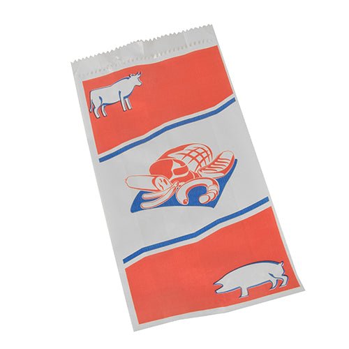 Punga din hârtie kraft PAPSTAR GmbH pentru măcelărie (28x14x6 cm, alb cu imprimeu, folie termocontractibilă, 1000 bucăți) este ideală pentru măcelării - pungi robuste pentru carne cu motive imprimate de animale și carne pentru utilizare profesională.