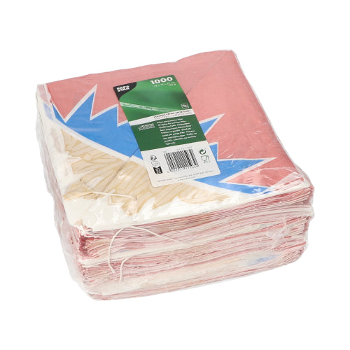 Într-un ambalaj din plastic sigilat al PAPSTAR GmbH se află 1.000 de cornete pentru cartofi prăjiți „Zick-Zack“ din înlocuitor de pergament cu design colorat și etichetă verde de produs pe partea superioară.