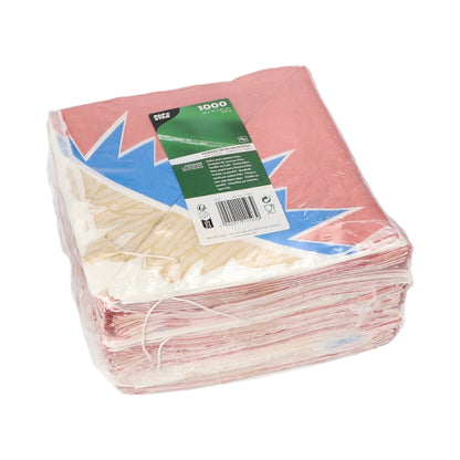 Într-un ambalaj din plastic sigilat al PAPSTAR GmbH se află 1.000 de cornete pentru cartofi prăjiți „Zick-Zack“ din înlocuitor de pergament cu design colorat și etichetă verde de produs pe partea superioară.