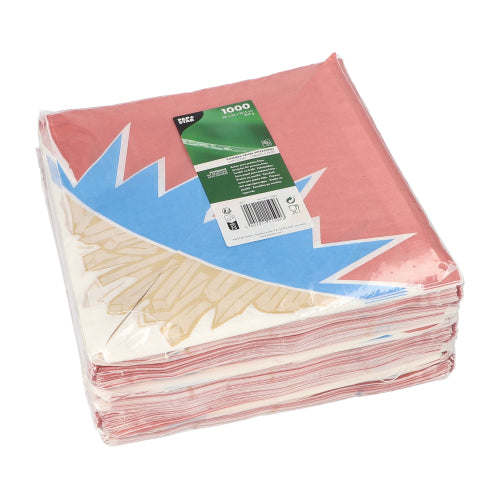 Un teanc de 1000 de cornete pentru cartofi prăjiți în culorile roșu-alb-albastru PAPSTAR în formă de zig-zag (înlocuitor pentru pergament) este ambalat în folie transparentă și prevăzut cu o etichetă verde a PAPSTAR GmbH.