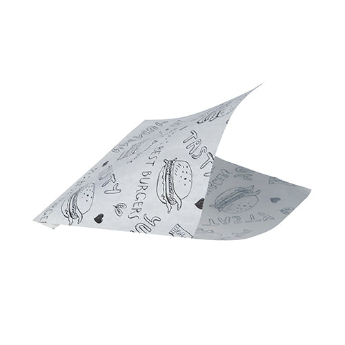 O foaie PAPSTAR 1000 de pungi pentru hamburger (înlocuitor de pergament, rezistent la grăsime) de la PAPSTAR GmbH, albă ca hârtia de ziar, prezintă ilustrații negre de burgeri, "TASTY", inimi și mâzgălituri, cu două colțuri ușor ridicate, ca și cum ar fi pliate sau plutitoare.