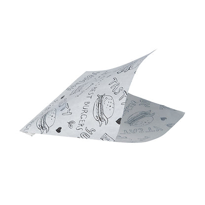 O foaie PAPSTAR 1000 de pungi pentru hamburger (înlocuitor de pergament, rezistent la grăsime) de la PAPSTAR GmbH, albă ca hârtia de ziar, prezintă ilustrații negre de burgeri, "TASTY", inimi și mâzgălituri, cu două colțuri ușor ridicate, ca și cum ar fi pliate sau plutitoare.