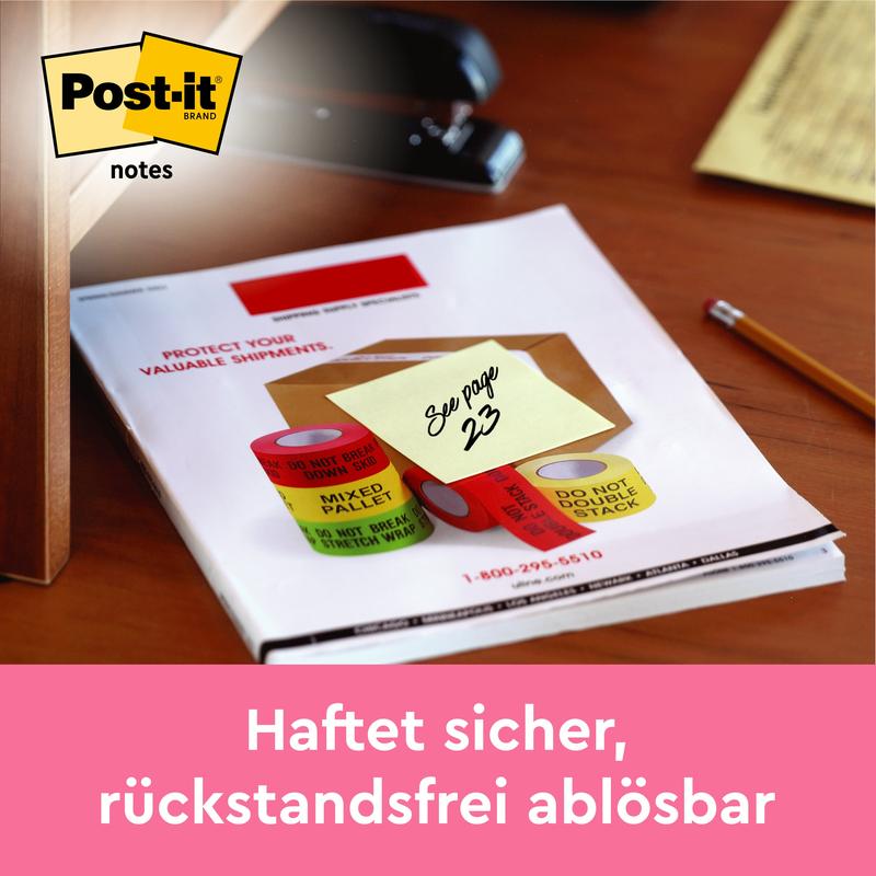 Un Post-it® Super Sticky Z-Note 3M (Galben, 76x76 mm) cu inscripția "Vezi pagina 23" este atașat pe o suprafață de birou. În stânga sus se vede logo-ul Post-it, jos scrie "Aderă sigur, se îndepărtează fără reziduuri". Certificat PEFC.
