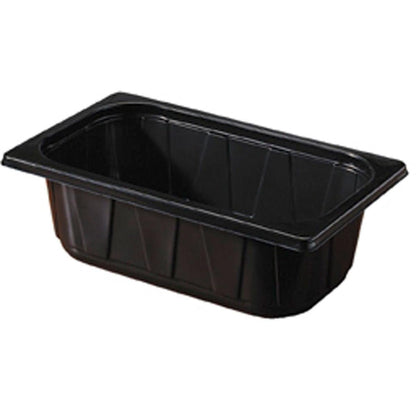 Duni GmbH PP Schale 1/4 GN Schwarz este o tavă dreptunghiulară, neagră, cu laturi drepte și o margine largă - perfectă pentru prezentările la bufet sau depozitarea alimentelor în bucătăria profesională.