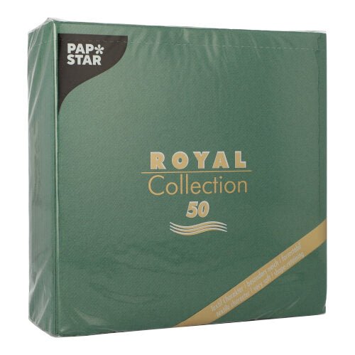 GmbH PAPSTAR 50 șervețele "ROYAL Collection" 1/4-pliate 40 x 40 cm în verde sunt prevăzute cu scris auriu-alb pe ambalaj și cu o mică bandă diagonală aurie în colțul din dreapta jos.