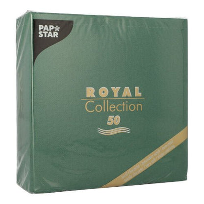 GmbH PAPSTAR 50 șervețele "ROYAL Collection" 1/4-pliate 40 x 40 cm în verde sunt prevăzute cu scris auriu-alb pe ambalaj și cu o mică bandă diagonală aurie în colțul din dreapta jos.