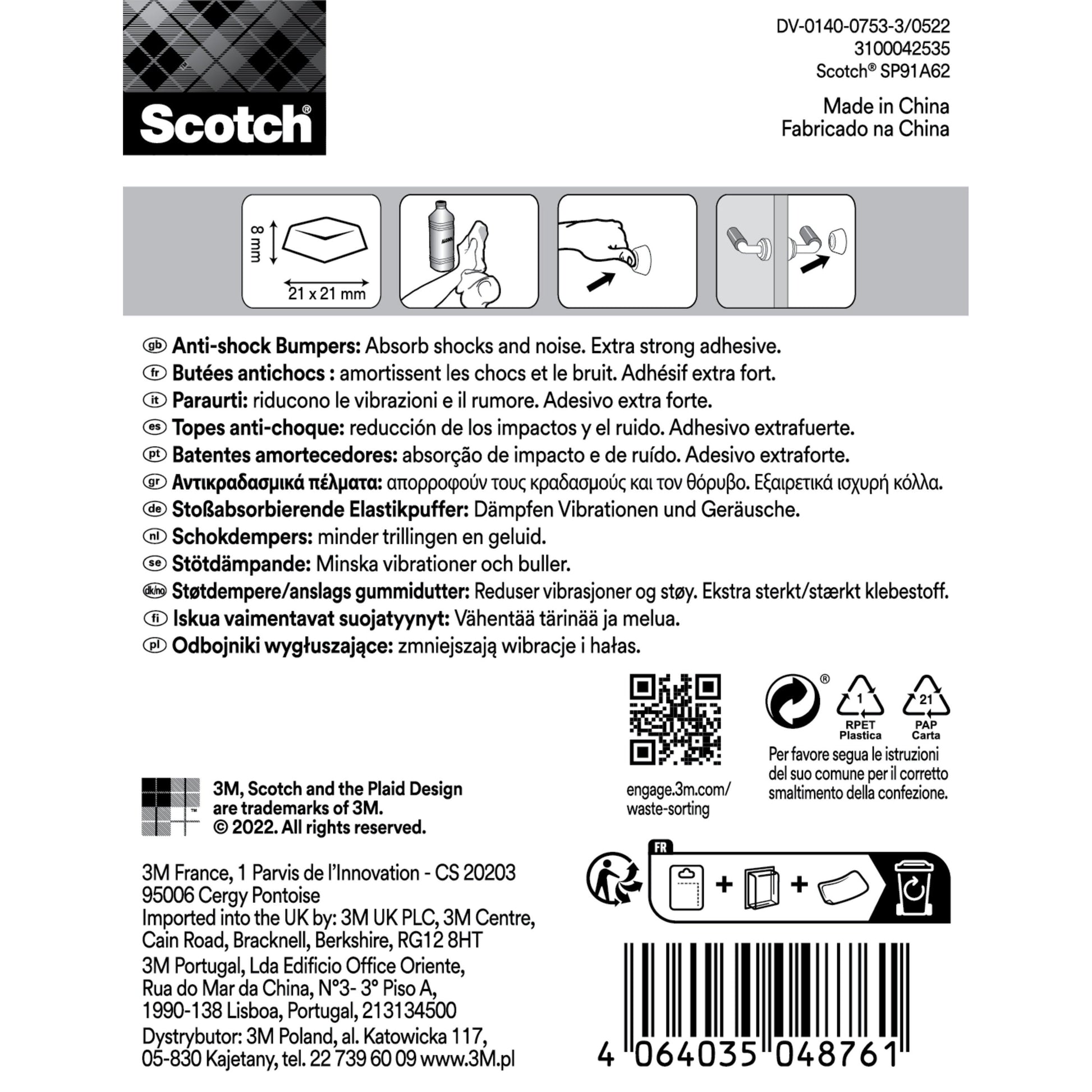 Scotch® Stoßabsorbierende Elastikpuffer für Wände SP91A62 (21 x 21 mm, transparent, 6/Packung) von 3M Deutschland GmbH: Verpackung mit mehrsprachigen Produktdetails, Anwendungssymbolen, Barcode und Recyclinghinweisen. Anti-Schock-Anleitung enthalten.