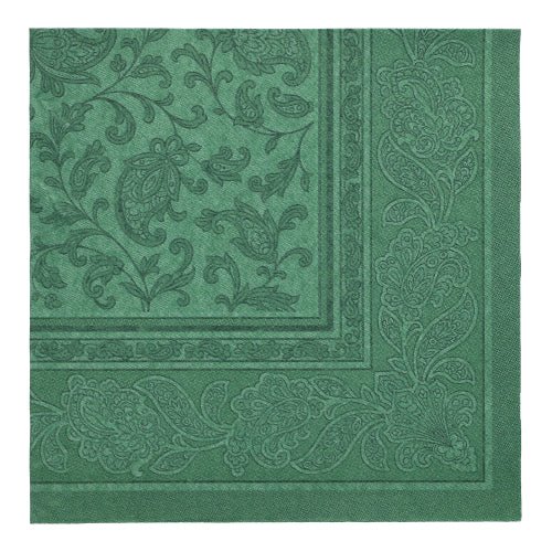 PAPSTAR 50 șervețele "ROYAL Collection" 1/4-pliate, 40 x 40 cm, verde de la PAPSTAR GmbH cu un model embosat Paisley și flori pe margine și în mijloc, dintr-o perspectivă de sus pe un fundal alb.