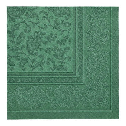 PAPSTAR 50 șervețele "ROYAL Collection" 1/4-pliate, 40 x 40 cm, verde de la PAPSTAR GmbH cu un model embosat Paisley și flori pe margine și în mijloc, dintr-o perspectivă de sus pe un fundal alb.