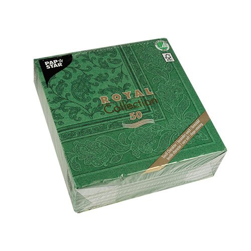Un pachet verde PAPSTAR 50 șervețele "ROYAL Collection" (1/4 pliate, 40x40 cm) al PAPSTAR GmbH, decorat cu text auriu - șervețelele perfecte pentru ocazii festive.