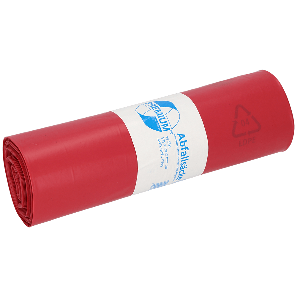 Un rolă de saci de gunoi din plastic roșu de la EMIL DEISS KG (GmbH + Co.), DEISS 11705 - 575x1000 mm Tip 60, este etichetată cu un autocolant alb-albastru cu text, informații de reciclare și denumirea produsului; conține 25 de saci pe rolă.