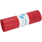 Un rolă de saci de gunoi din plastic roșu de la EMIL DEISS KG (GmbH + Co.), DEISS 11705 - 575x1000 mm Tip 60, este etichetată cu un autocolant alb-albastru cu text, informații de reciclare și denumirea produsului; conține 25 de saci pe rolă.