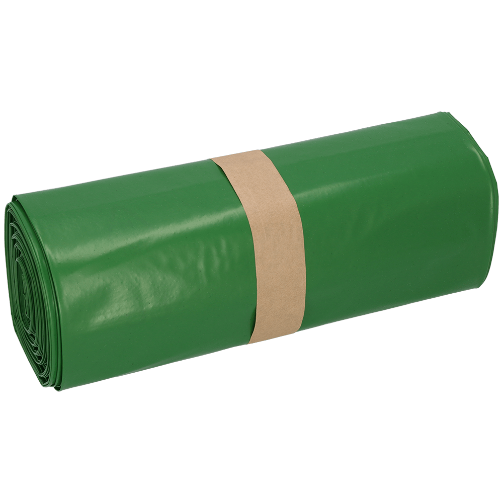Un sul bine ambalat de saci de gunoi DEISS Premium (700x1100x0,1 mm, 120 litri, verde, 25 bucăți) de la EMIL DEISS KG (GmbH + Co.) este asigurat cu o banderolă de hârtie maro, ideal pentru eliminarea deșeurilor, așezat pe un fundal alb.