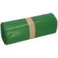 Un sul bine ambalat de saci de gunoi DEISS Premium (700x1100x0,1 mm, 120 litri, verde, 25 bucăți) de la EMIL DEISS KG (GmbH + Co.) este asigurat cu o banderolă de hârtie maro, ideal pentru eliminarea deșeurilor, așezat pe un fundal alb.