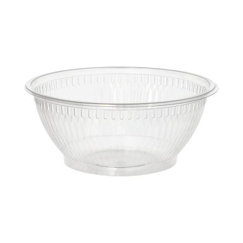 Die Starpak 50 Salatschalen, R-PET rund glasklar von Starpak sind eine durchsichtige Salatschüssel aus Kunststoff mit breitem Rand und strukturierten vertikalen Seiten, hergestellt aus umweltfreundlichem R-PET, abgebildet auf einem schlichten weißen Hintergrund.