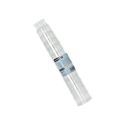 Un pachet cu 10 pahare Starpak cu picior din PS clar pentru vin alb (0,1 l, Ø 5,1 cm, 8,5 cm), individual, în folie termocontractabilă cu o etichetă albastru-alb cu detalii despre produs.