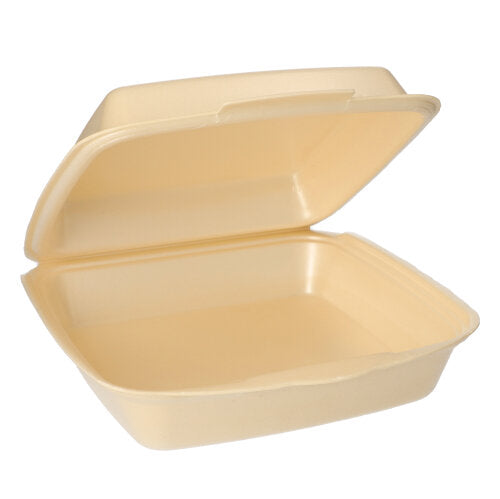 O cutie de meniu Starpak 50 dreptunghiulară, bej, cu capac rabatabil pentru transport este deschisă și goală, arătând interiorul său neted cu un capac rabatabil atașat la spate.