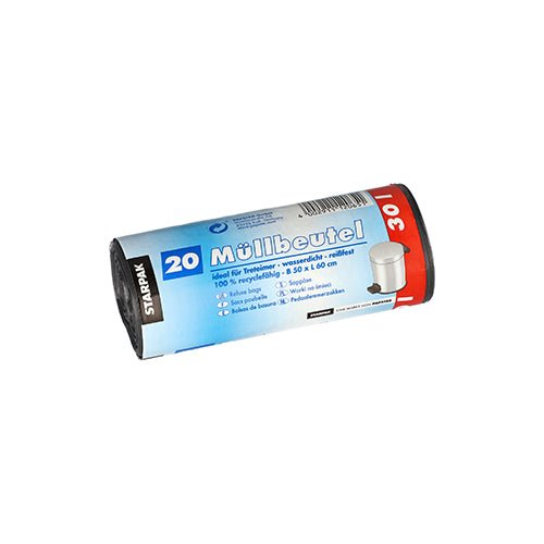 Un rolă cu 20 de saci de gunoi (30L, 60x50 cm, gri) marca Starpak într-o banderolă. Eticheta arată un coș de gunoi și detalii despre produs. Fabricat din material LDPE durabil.