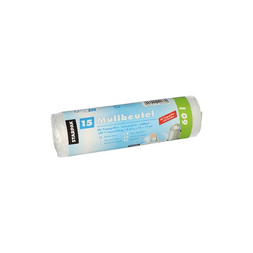 Un rulou cu 15 saci de gunoi Starpak cu mânere, HDPE 60 l (75 cm x 65 cm), transparent, este livrat într-o banderolă cu branding vizibil și informații despre produs.