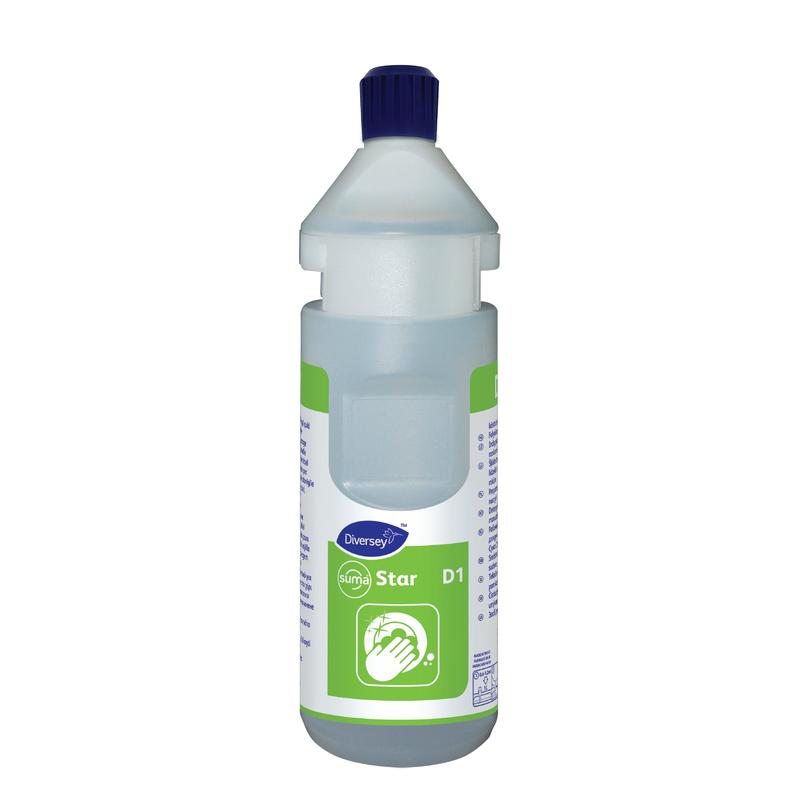 Sticla de reumplere Suma Star-plus D1 plus (0,75l) de la Diversey Deutschland GmbH & Co. OHG este o sticlă de reumplere cu bandă de dozare, potrivită pentru sistemele Divermite și DQFM. Disponibilă în cutii cu 6 sticle.